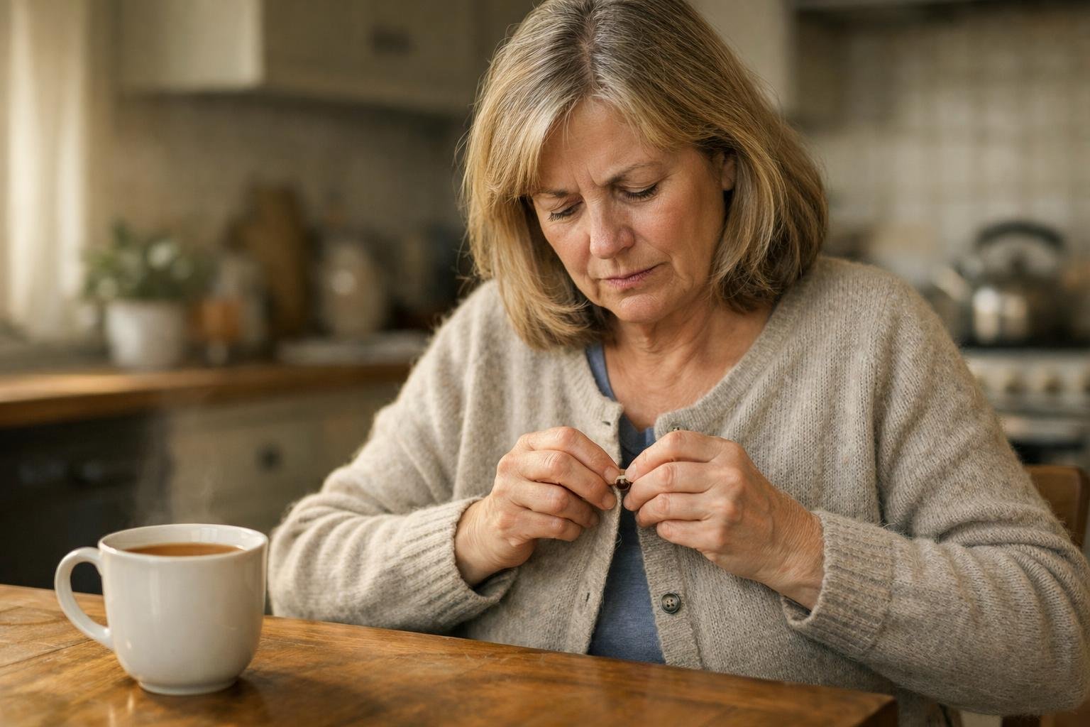 Frau knöpft in der Küche mit ungeschickten Fingern ihre Strickjacke zu