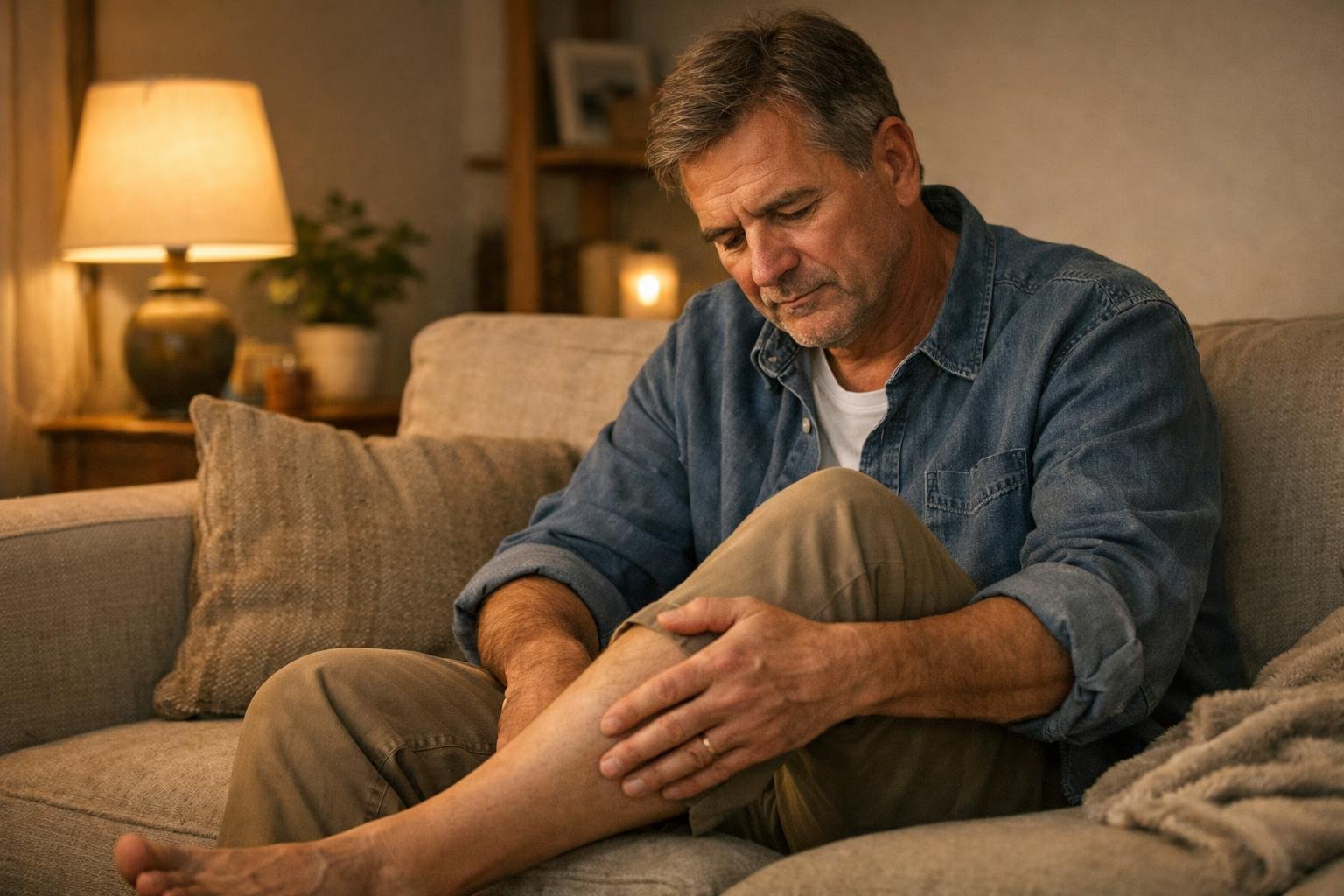 Mann sitzt abends auf dem Sofa und betrachtet nachdenklich seine Wade