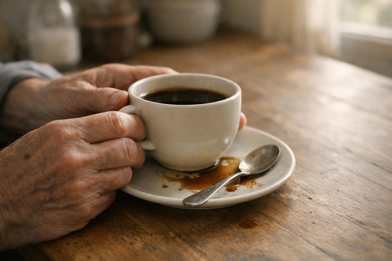 Hände eines älteren Menschen halten eine Kaffeetasse, etwas Kaffee ist übergeschwappt